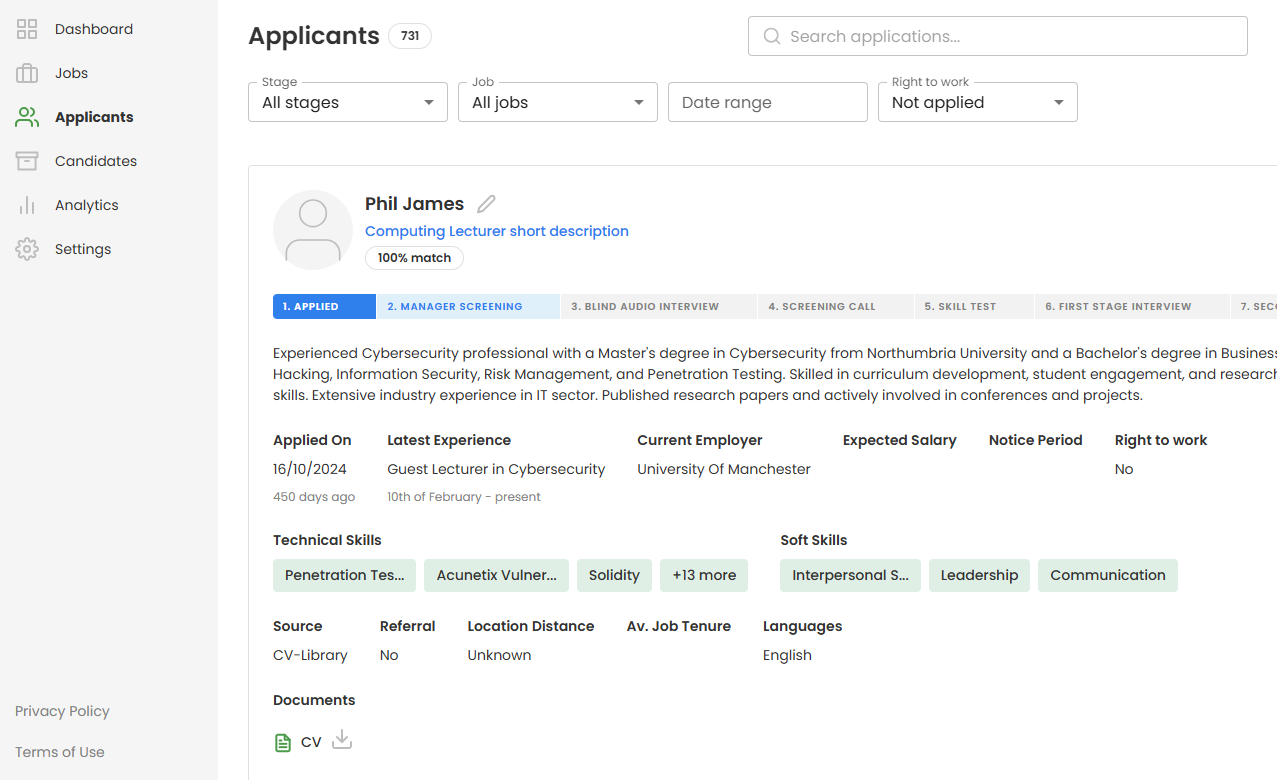 ai.r ATS Dashboard showing applicant management interface